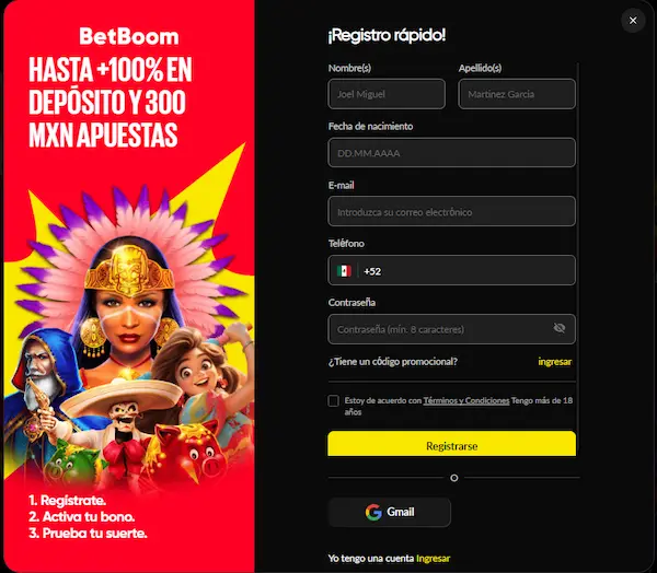 Registro en BetBoom con bono de bienvenida hasta 100% y formulario de cuenta